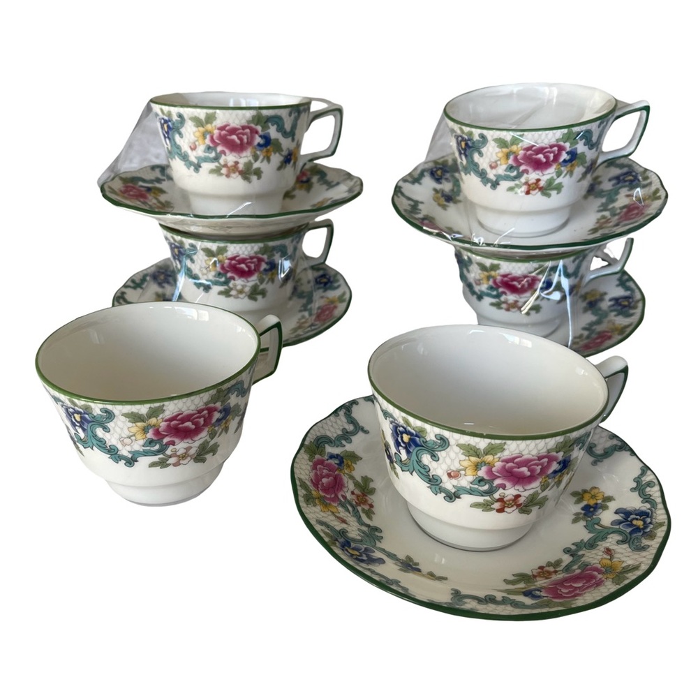 Royal Doulton Floradora Green 5 Tea Cups w/ Saucer Fine China w/ Extra …